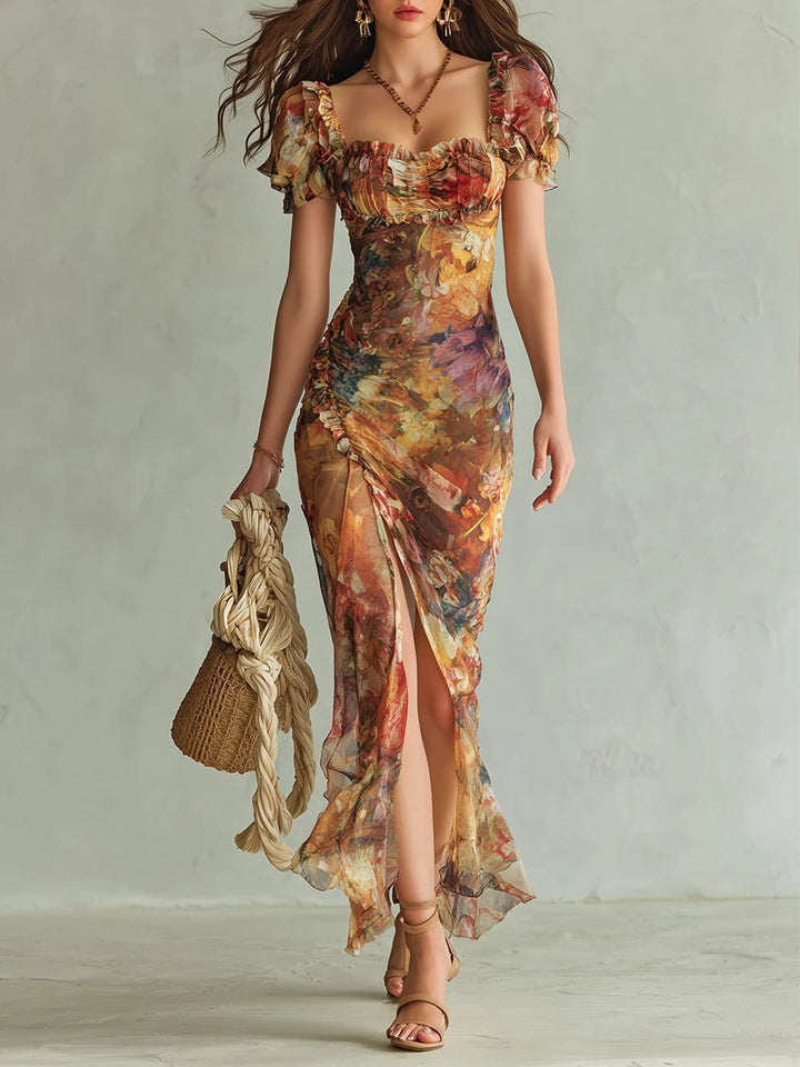 Mia | Women's Floral Print Ruffle Sweetheart Chiffon Maxi Dress
