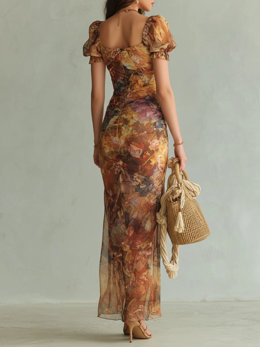 Mia | Women's Floral Print Ruffle Sweetheart Chiffon Maxi Dress