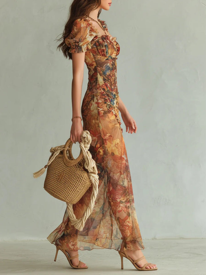 Mia | Women's Floral Print Ruffle Sweetheart Chiffon Maxi Dress