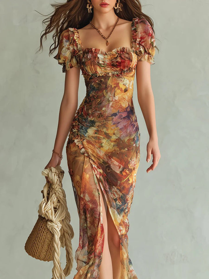 Mia | Women's Floral Print Ruffle Sweetheart Chiffon Maxi Dress