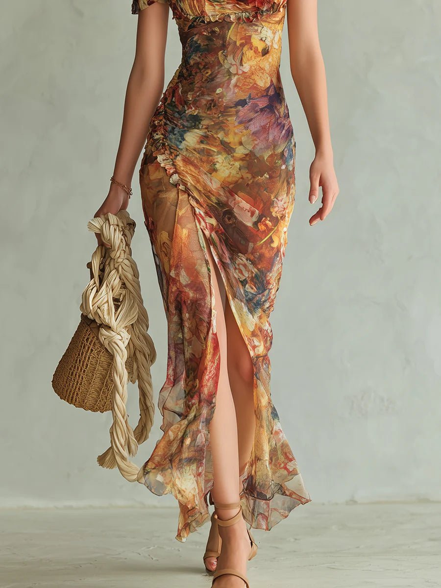 Mia | Women's Floral Print Ruffle Sweetheart Chiffon Maxi Dress
