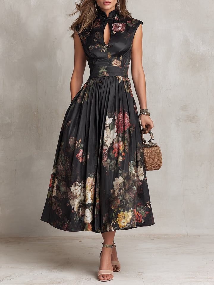 Isla | Women's Floral Satin Keyhole-Collar Midi Dress