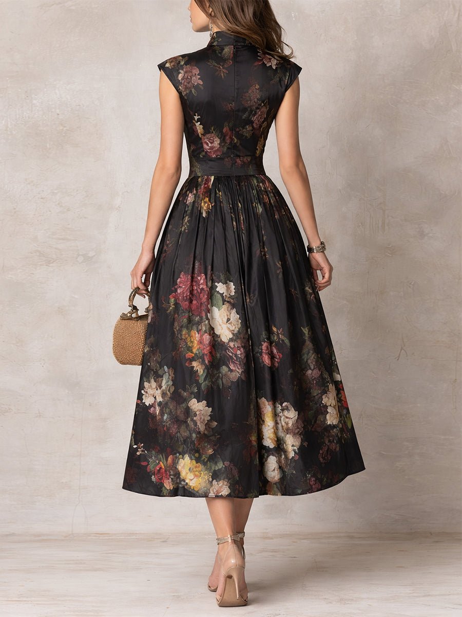 Isla | Women's Floral Satin Keyhole-Collar Midi Dress