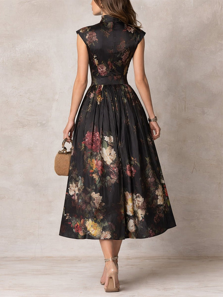 Isla | Women's Floral Satin Keyhole-Collar Midi Dress