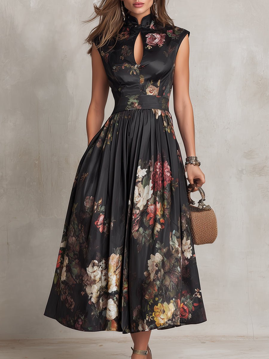Isla | Women's Floral Satin Keyhole-Collar Midi Dress