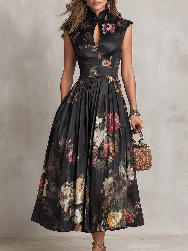 Isla | Women's Floral Satin Keyhole-Collar Midi Dress