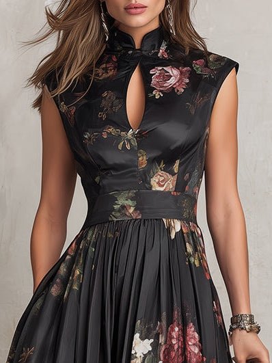 Isla | Women's Floral Satin Keyhole-Collar Midi Dress