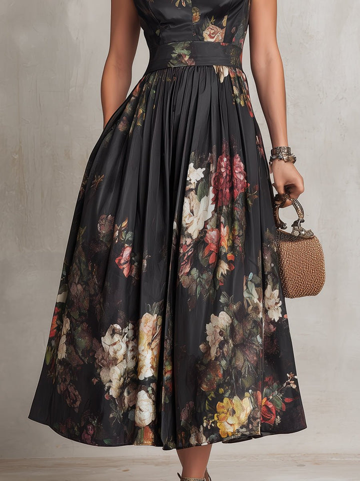 Isla | Women's Floral Satin Keyhole-Collar Midi Dress