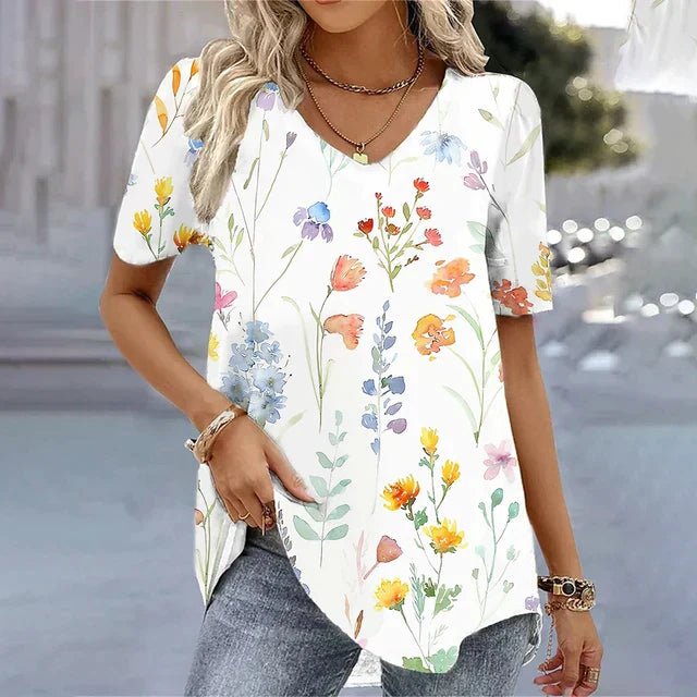 Emily | Women's Floral V-Neck Short Sleeve Relaxed Top