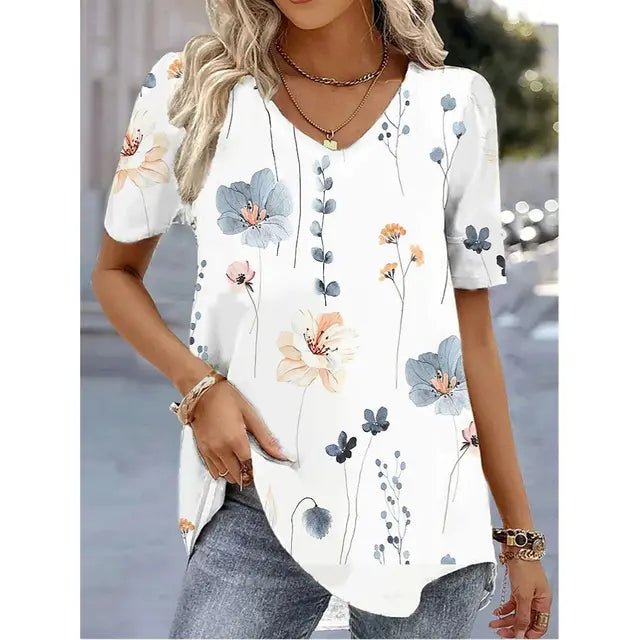 Emily | Women's Floral V-Neck Short Sleeve Relaxed Top
