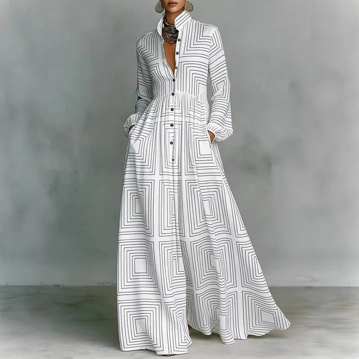 Phoebe | Women's Geometric Print High-Waist Long-Sleeve Maxi Dress