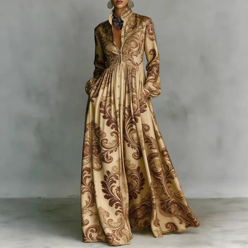 Phoebe | Women's Geometric Print High-Waist Long-Sleeve Maxi Dress