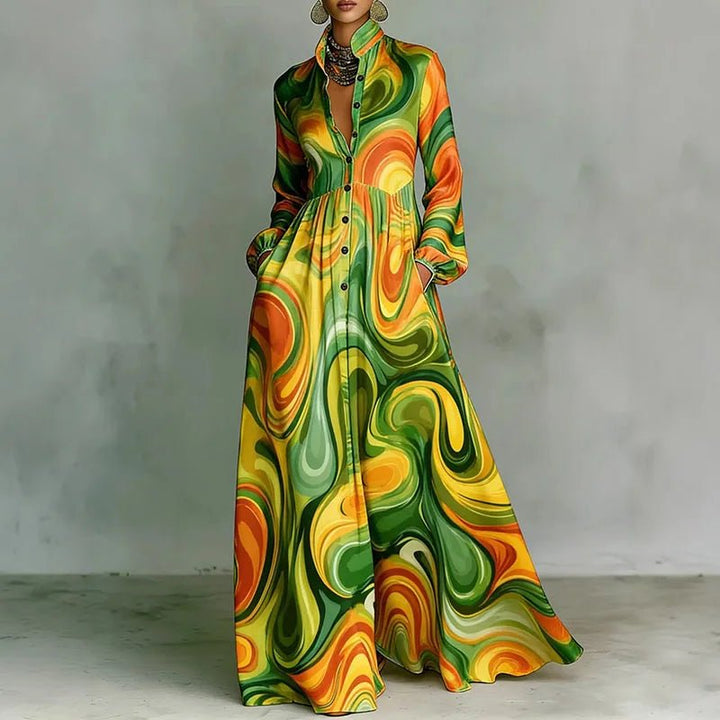 Phoebe | Women's Geometric Print High-Waist Long-Sleeve Maxi Dress