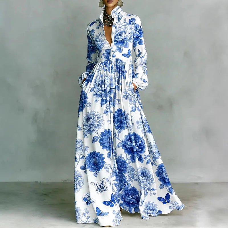 Phoebe | Women's Geometric Print High-Waist Long-Sleeve Maxi Dress
