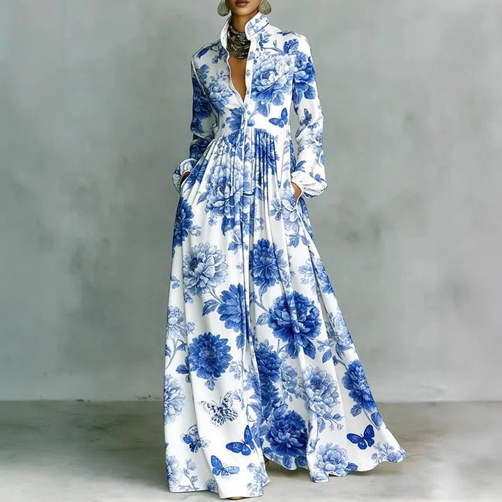 Phoebe | Women's Geometric Print High-Waist Long-Sleeve Maxi Dress