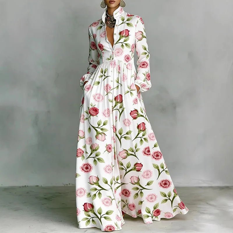 Phoebe | Women's Geometric Print High-Waist Long-Sleeve Maxi Dress