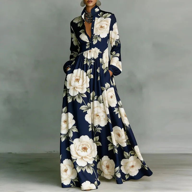 Phoebe | Women's Geometric Print High-Waist Long-Sleeve Maxi Dress