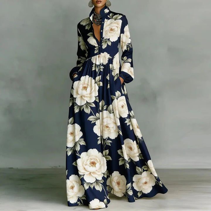 Phoebe | Women's Geometric Print High-Waist Long-Sleeve Maxi Dress