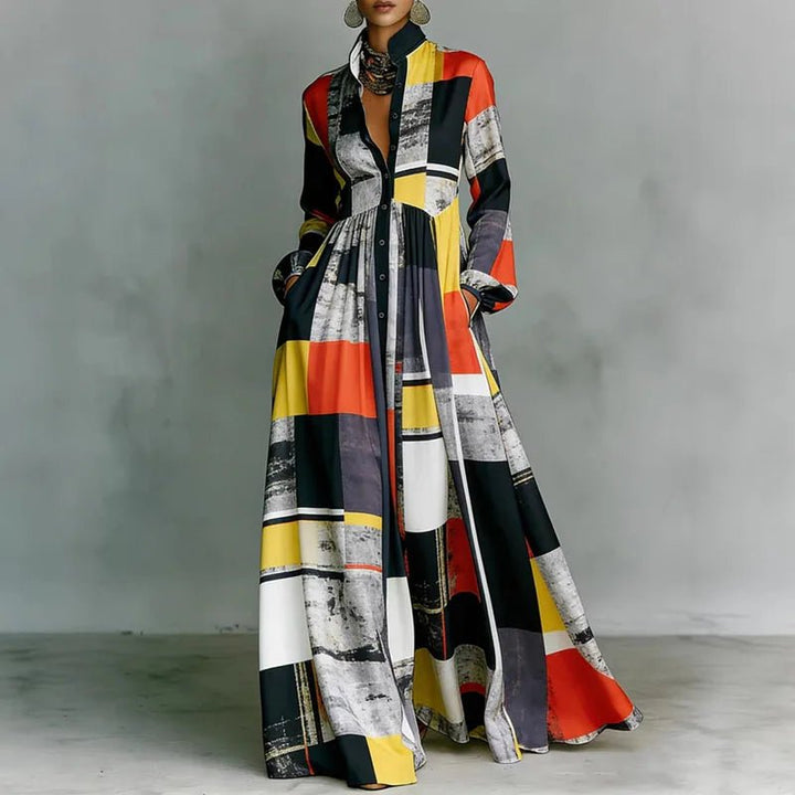 Phoebe | Women's Geometric Print High-Waist Long-Sleeve Maxi Dress