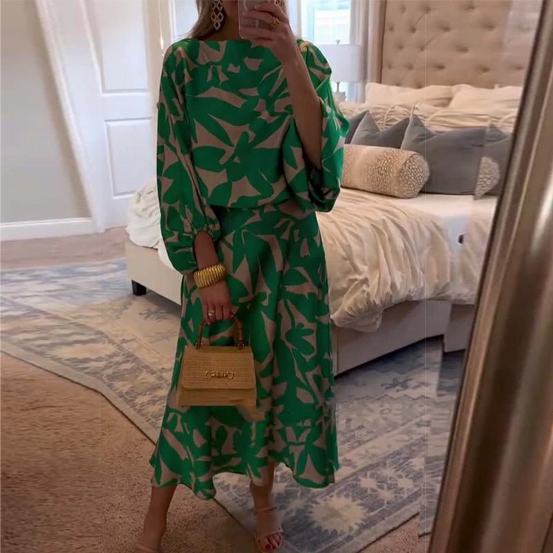 Florence | Women's Green Leaf Print Lantern Sleeve Two-Piece Set