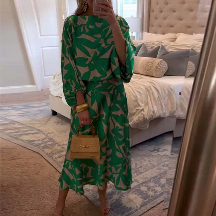 Florence | Women's Green Leaf Print Lantern Sleeve Two-Piece Set