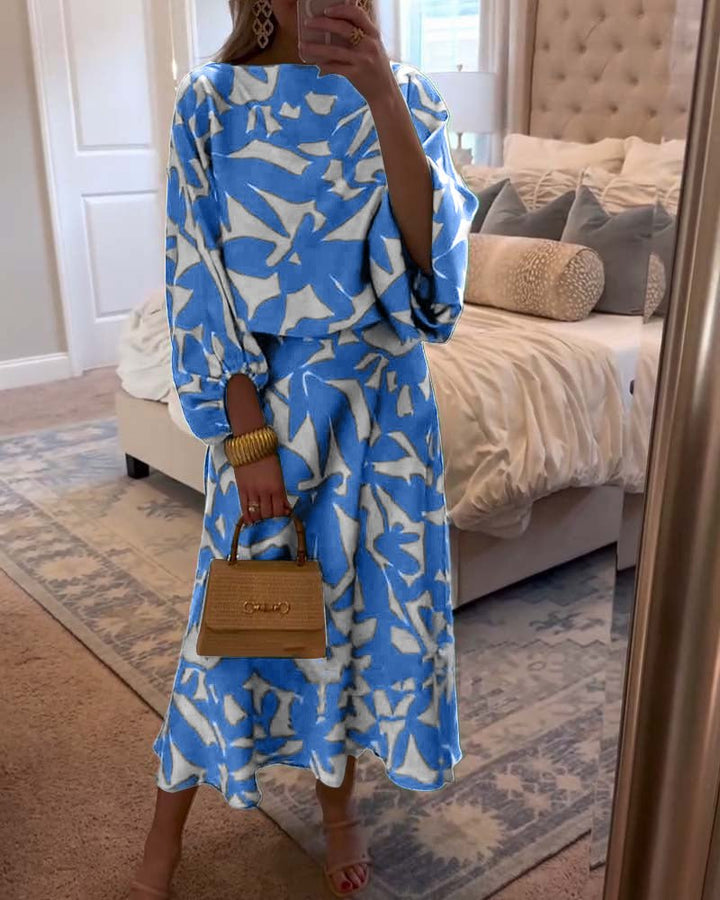 Florence | Women's Green Leaf Print Lantern Sleeve Two-Piece Set