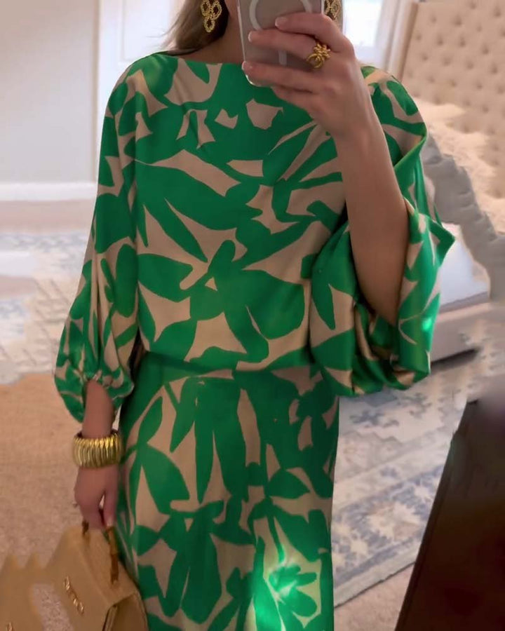 Florence | Women's Green Leaf Print Lantern Sleeve Two-Piece Set
