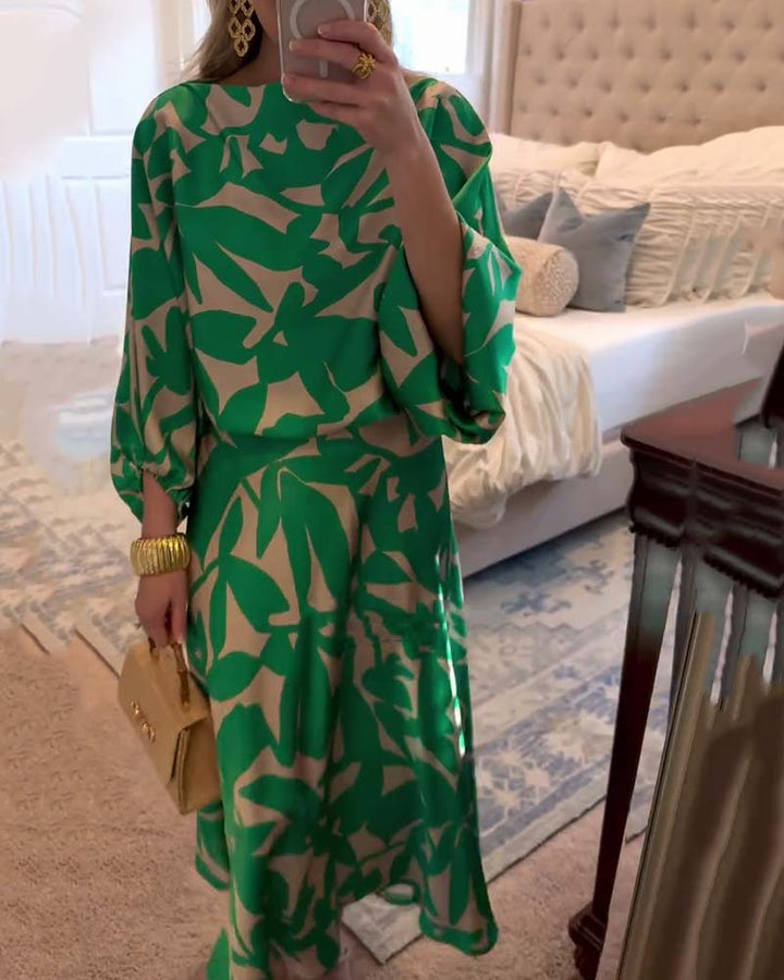 Florence | Women's Green Leaf Print Lantern Sleeve Two-Piece Set