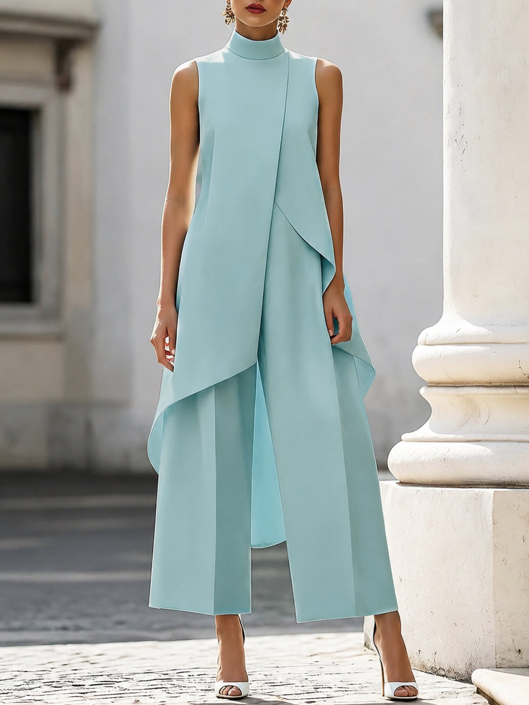 Ella | Women's High-Neck Sleeveless Asymmetric Wide-Leg Trouser Set