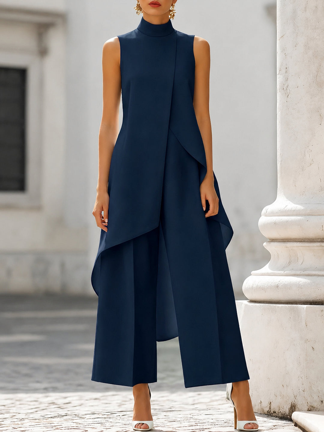 Ella | Women's High-Neck Sleeveless Asymmetric Wide-Leg Trouser Set