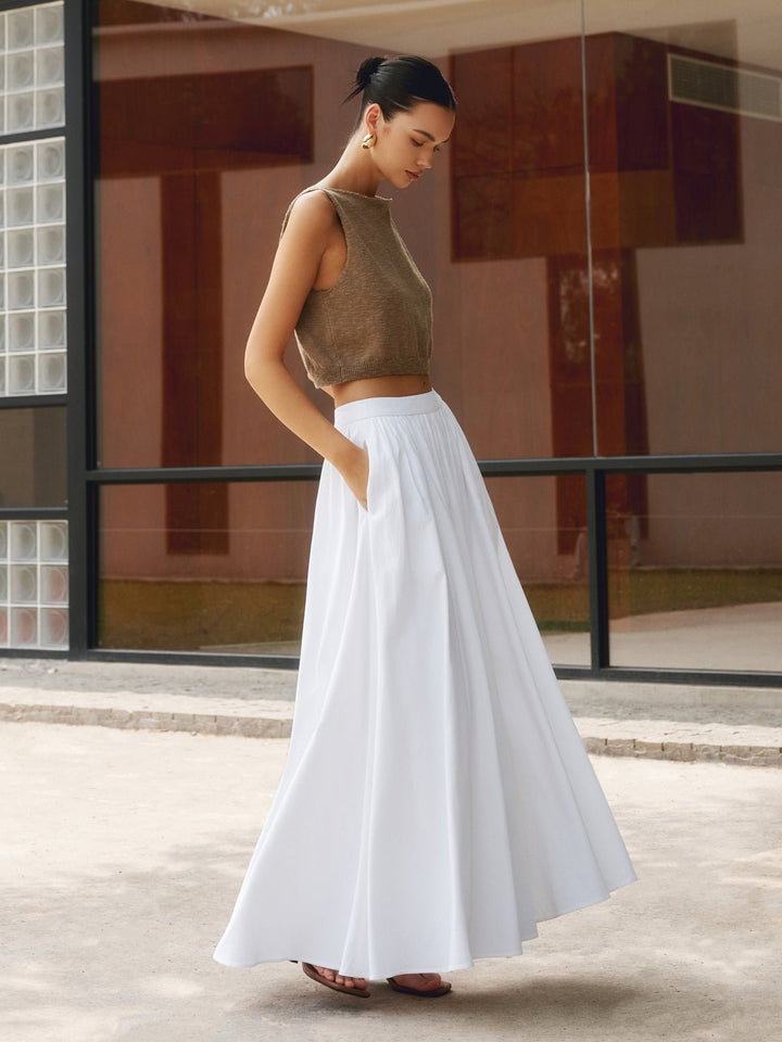 Mia | Women's High Waist Pleated A-Line Maxi Skirt with Pockets