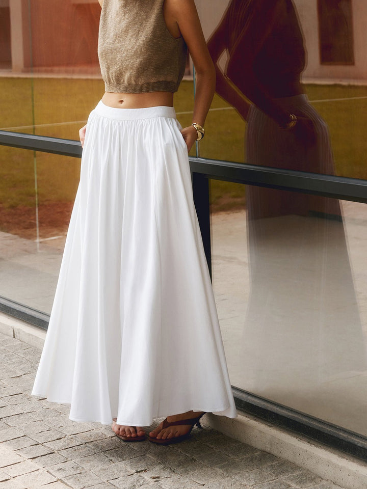 Mia | Women's High Waist Pleated A-Line Maxi Skirt with Pockets