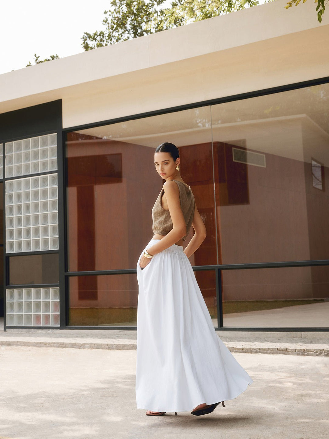 Mia | Women's High Waist Pleated A-Line Maxi Skirt with Pockets