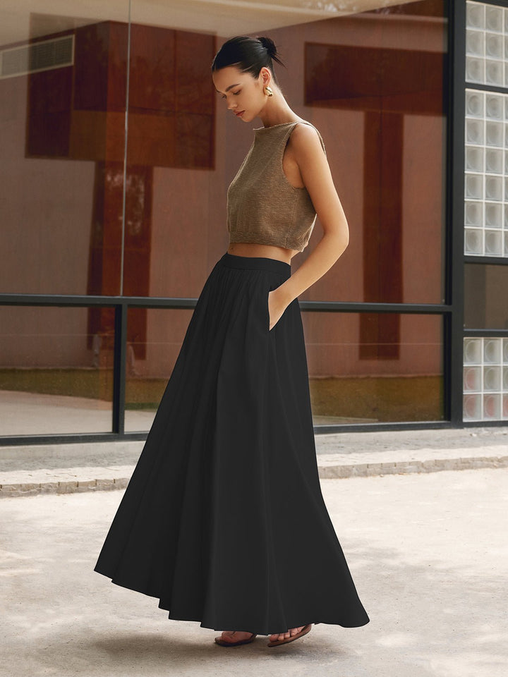 Mia | Women's High Waist Pleated A-Line Maxi Skirt with Pockets