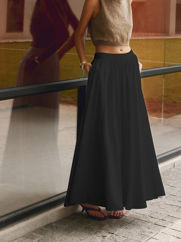 Mia | Women's High Waist Pleated A-Line Maxi Skirt with Pockets