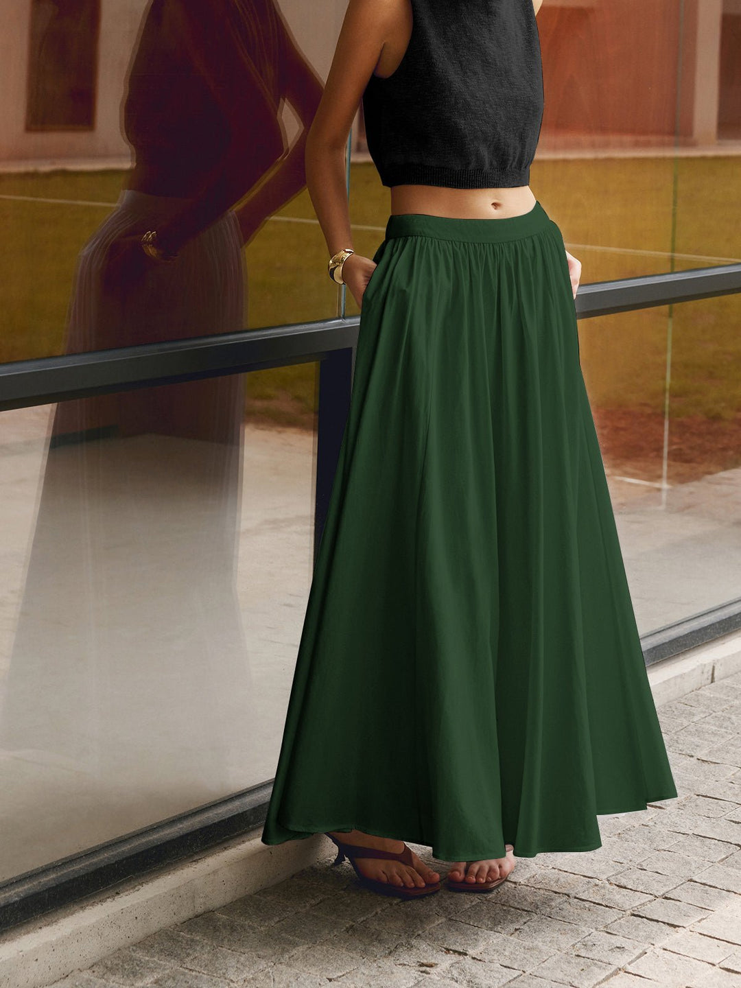 Mia | Women's High Waist Pleated A-Line Maxi Skirt with Pockets
