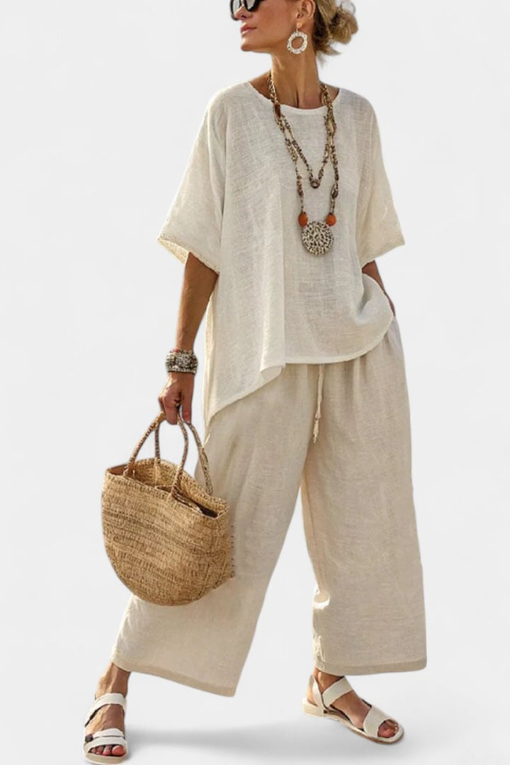 Sophie | Women's Linen Asymmetric Top Wide-Leg Trouser Co-Ord Set