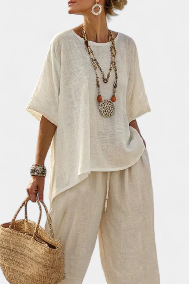 Sophie | Women's Linen Asymmetric Top Wide-Leg Trouser Co-Ord Set