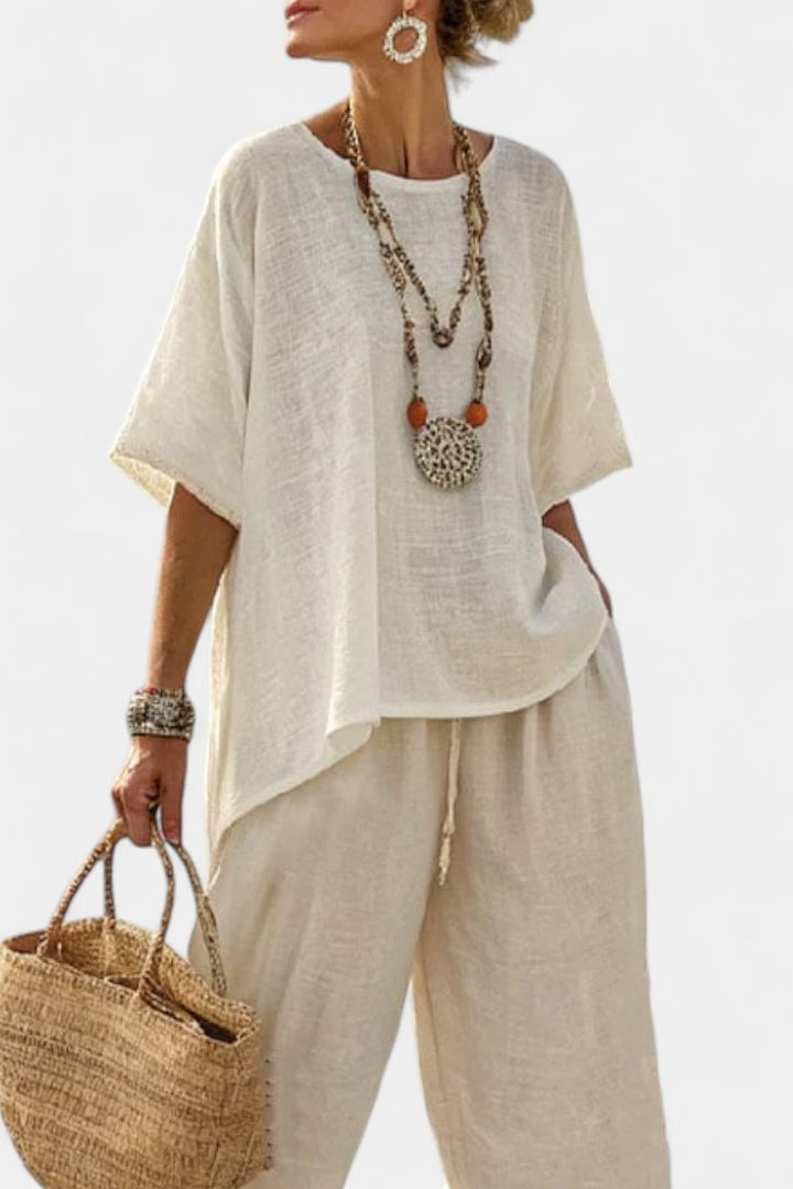 Sophie | Women's Linen Asymmetric Top Wide-Leg Trouser Co-Ord Set
