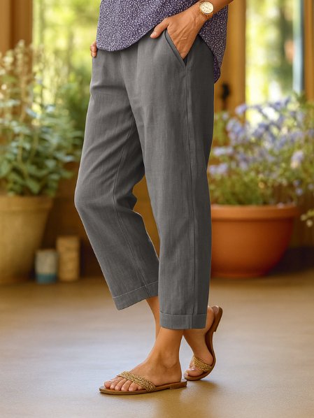Mia | Women's Linen Tapered Cropped Cuffed Trousers