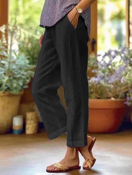 Mia | Women's Linen Tapered Cropped Cuffed Trousers