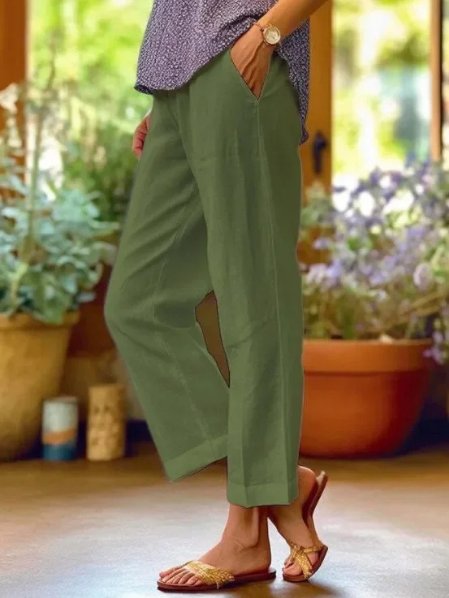 Mia | Women's Linen Tapered Cropped Cuffed Trousers