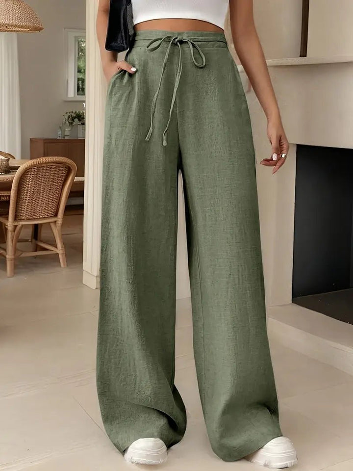 Olivia | Women's Linen Wide Leg Trousers High Waisted Drawstring