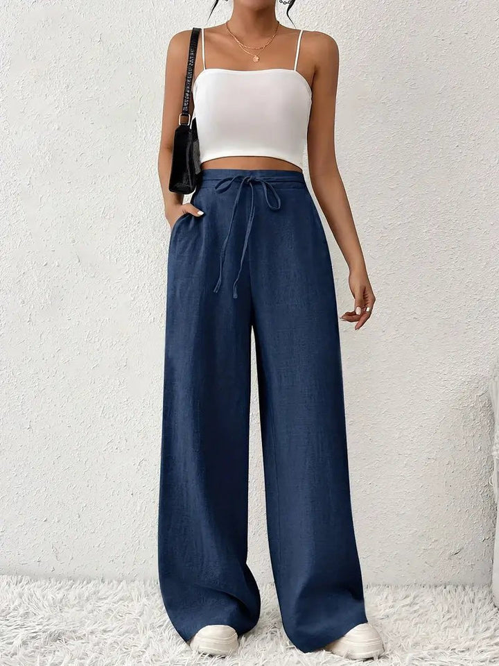Olivia | Women's Linen Wide Leg Trousers High Waisted Drawstring
