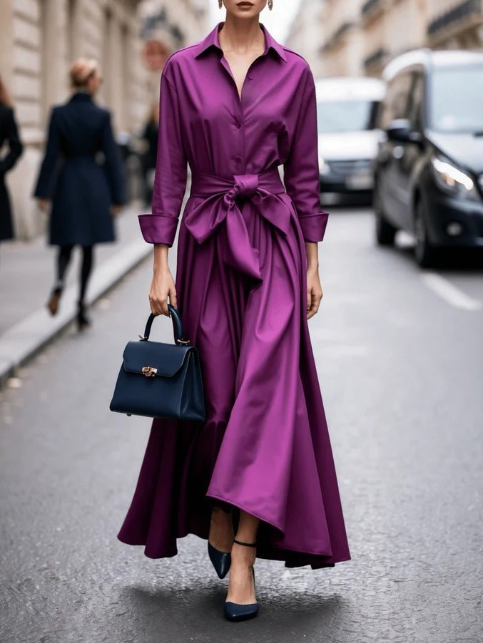 Scarlett | Women's Long-Sleeve Shirt-Style Tie-Waist Maxi Dress