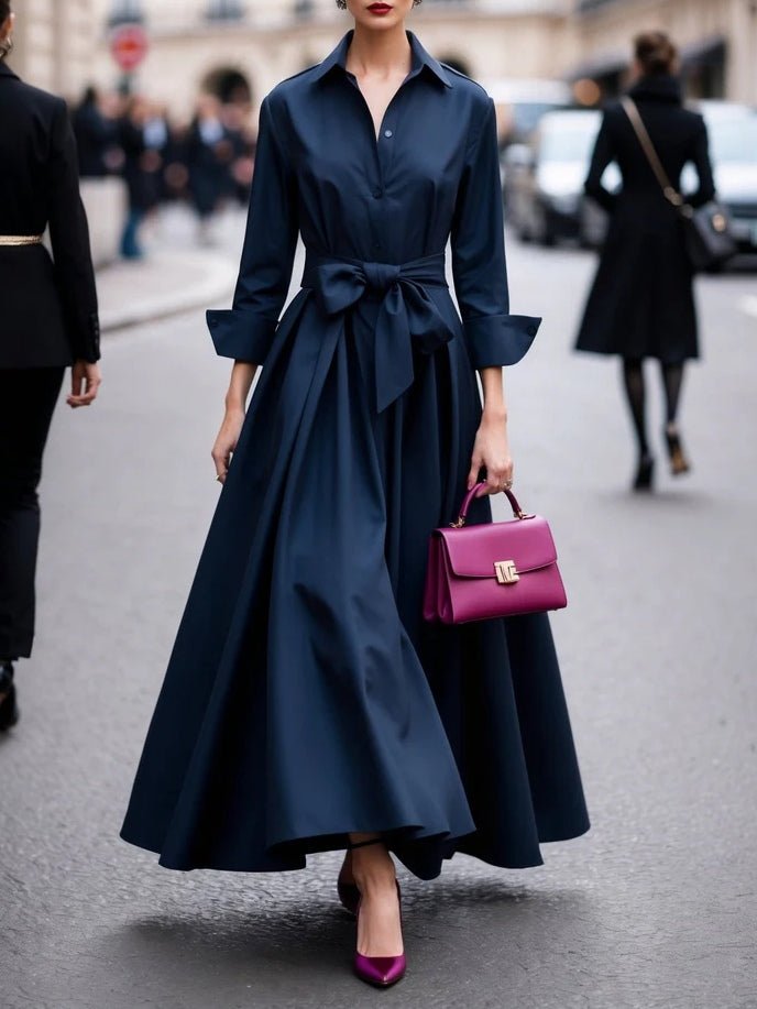 Scarlett | Women's Long-Sleeve Shirt-Style Tie-Waist Maxi Dress