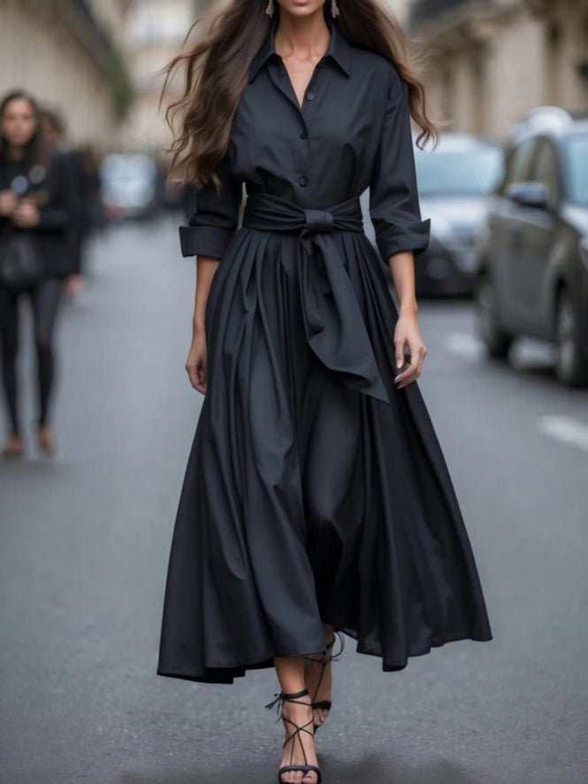 Scarlett | Women's Long-Sleeve Shirt-Style Tie-Waist Maxi Dress