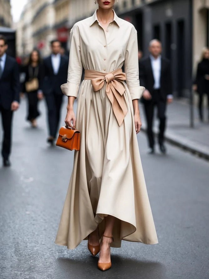 Scarlett | Women's Long-Sleeve Shirt-Style Tie-Waist Maxi Dress