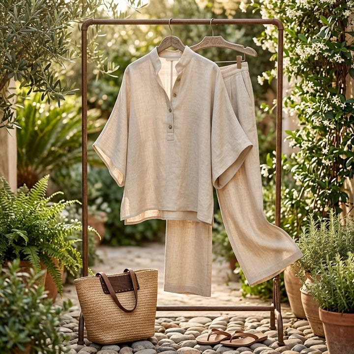Evelyn | Women's Mandarin Collar Linen Two-Piece Set