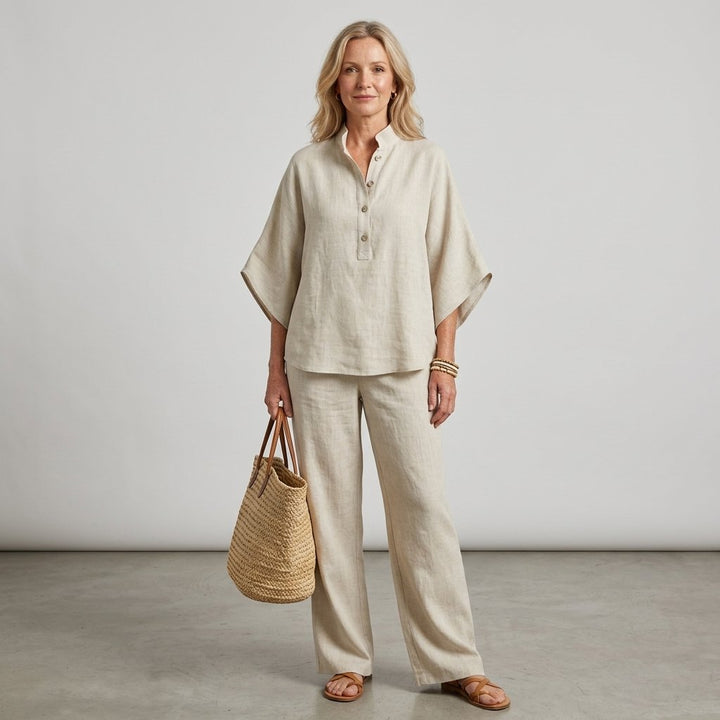 Evelyn | Women's Mandarin Collar Linen Two-Piece Set